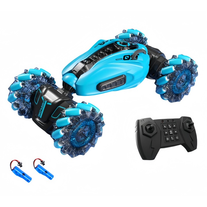 Masinuta cu telecomanda, Stunt Car, Demonstratie cu un singur clic, Transformare cu un singur clic, Rotatie de 360 °, Lumini led si muzica, 2 Baterii- autonomie 60 minute, Albastru