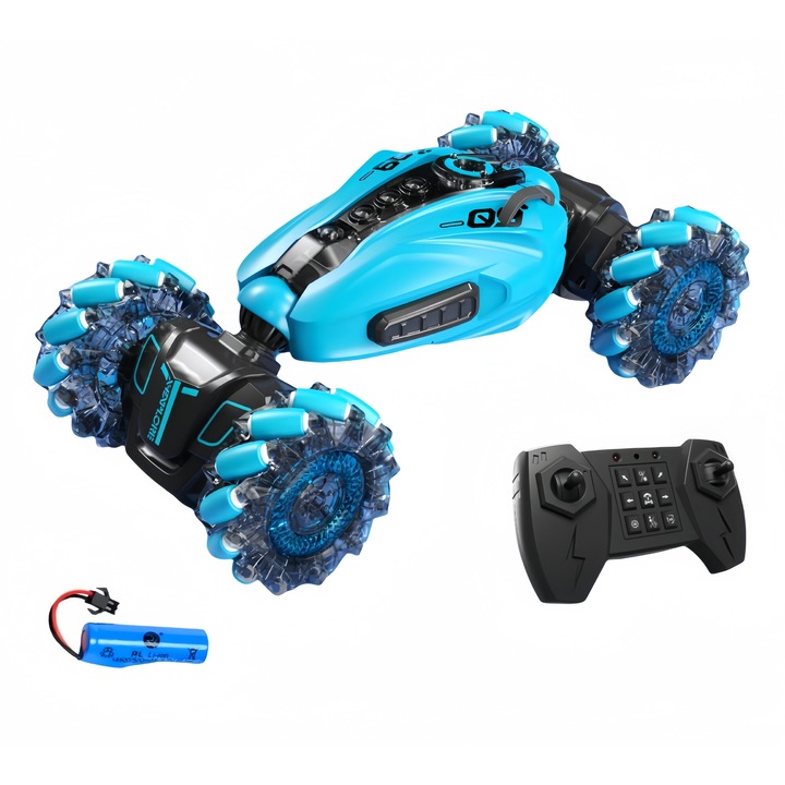 Masinuta cu telecomanda, Stunt Car, Demonstratie cu un singur clic, Transformare cu un singur clic, Rotatie de 360 °, Lumini led si muzica, 1 Baterii- autonomie 30 minute, Albastru