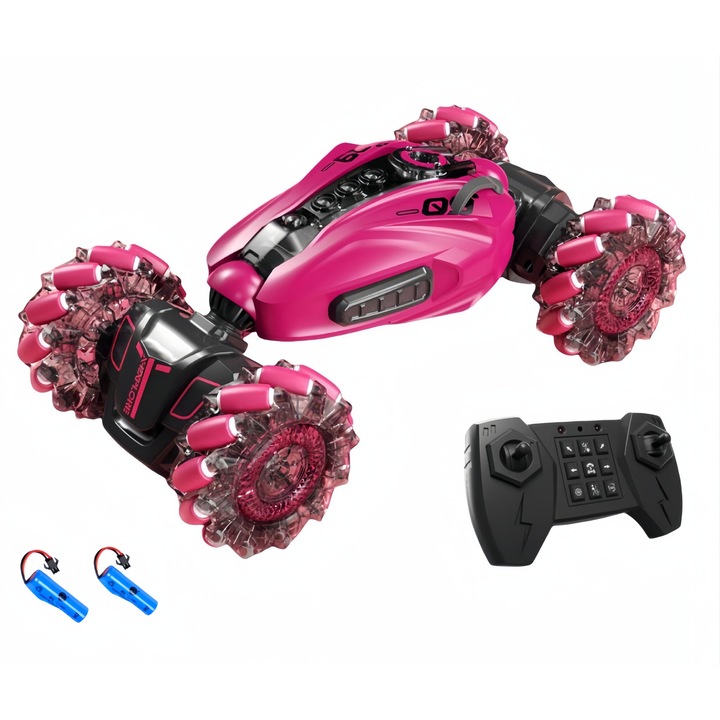 Masinuta cu telecomanda, Stunt Car, Demonstratie cu un singur clic, Transformare cu un singur clic, Rotatie de 360 °, Lumini led si muzica, 2 Baterii- autonomie 60 minute, Violet