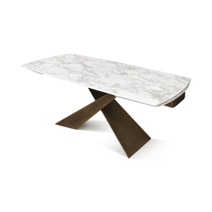 Masa Mirabella extensibila, blat ceramic alb dreptunghiular rotunjit, picior metalic bronz 180 cm/90cm