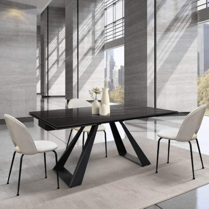 Masa Morena, blat ceramica negru cu in sertii aurii, cu picior metalic 160cm/90cm