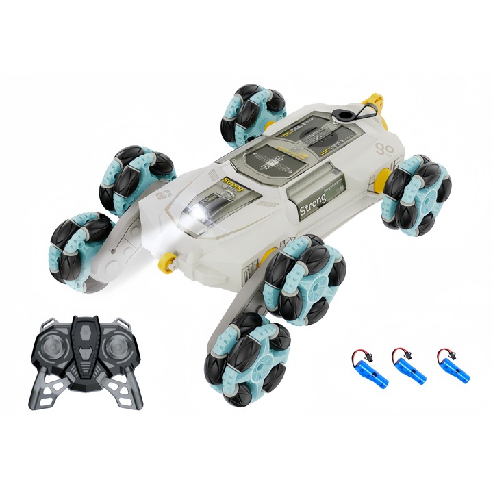 Masinuta cu telecomanda, Transformabil, Condus in ambele sensuri, Efect de fum cu vapori apa, Lumini led si muzica, Rotatie de 360 °, Stunt Car, 6 roti, 3 Baterii- autonomie 90 minute, Alb