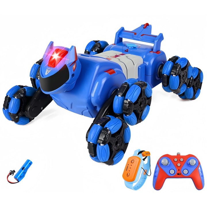 Masinuta cu telecomanda 8 roti, Dog cu telecomanda, Stunt Car, Transformabil, Condus in ambele sensuri, Efect de fum cu vapori apa, Lumini led si muzica, Rotatie de 360 °, Control prin gesturi, 1 Baterii- autonomie 30 minute, Albastru