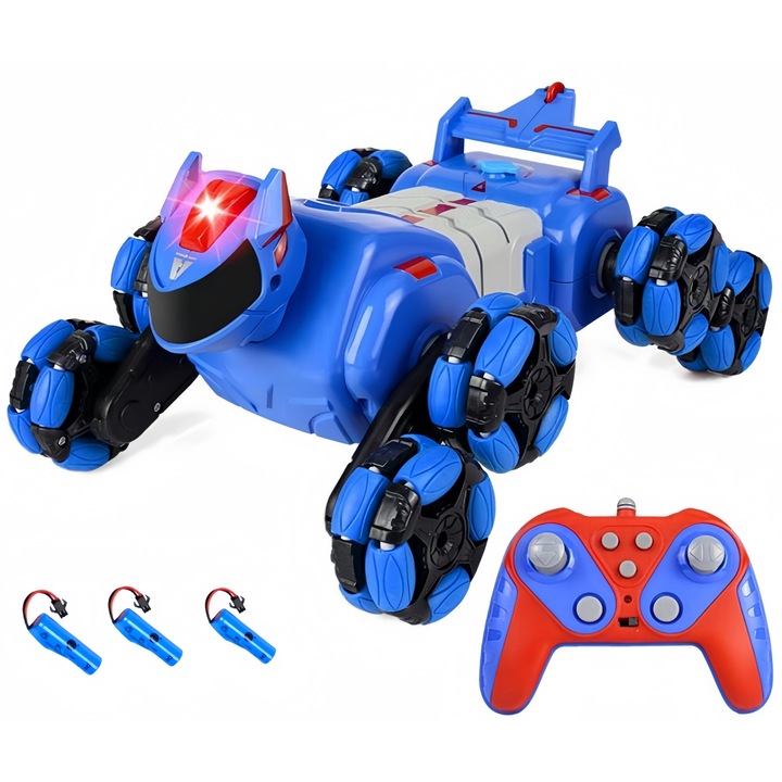 Masinuta cu telecomanda 8 roti, Dog cu telecomanda, Stunt Car, Transformabil, Condus in ambele sensuri, Efect de fum cu vapori apa, Lumini led si muzica, Rotatie de 360 °, 3 Baterii- autonomie 90 minute, Albastru