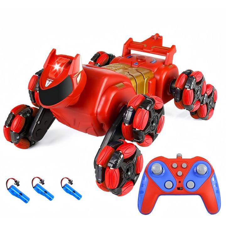 Masinuta cu telecomanda 8 roti, Dog cu telecomanda, Stunt Car, Transformabil, Condus in ambele sensuri, Efect de fum cu vapori apa, Lumini led si muzica, Rotatie de 360 °, 3 Baterii- autonomie 90 minute, Rosu