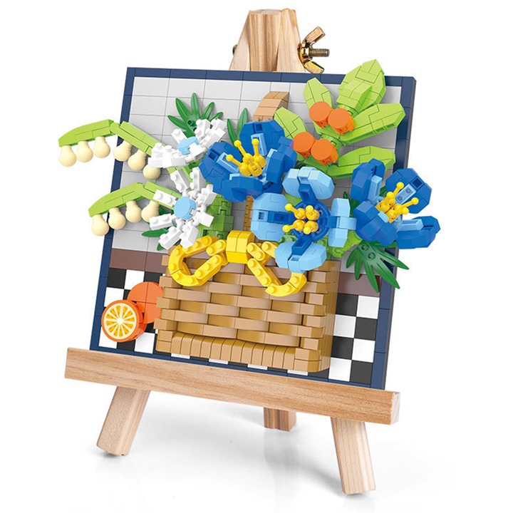 Set de 676 Bucati de Flori de Constructie, Buchet de Trandafiri Albastri, Decorare de Perete DIY Kit, Decorare Birou, Jucarii Creative, Cadou Aniversar, Multicolor