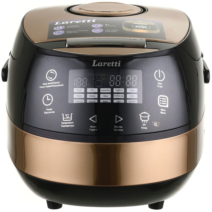 Мултикукър Laretti LR-MC7134, 900W, 5L, 15 програми за готвене, LCD дисплей, Таймер с отложен старт, Купа с незалепващо керамично покритие, Функция за поддържане на топлината