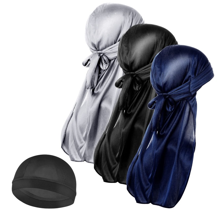 3 durag bandanából és 1 alapsapkából álló készlet, univerzális méretű, unisex, többszínű