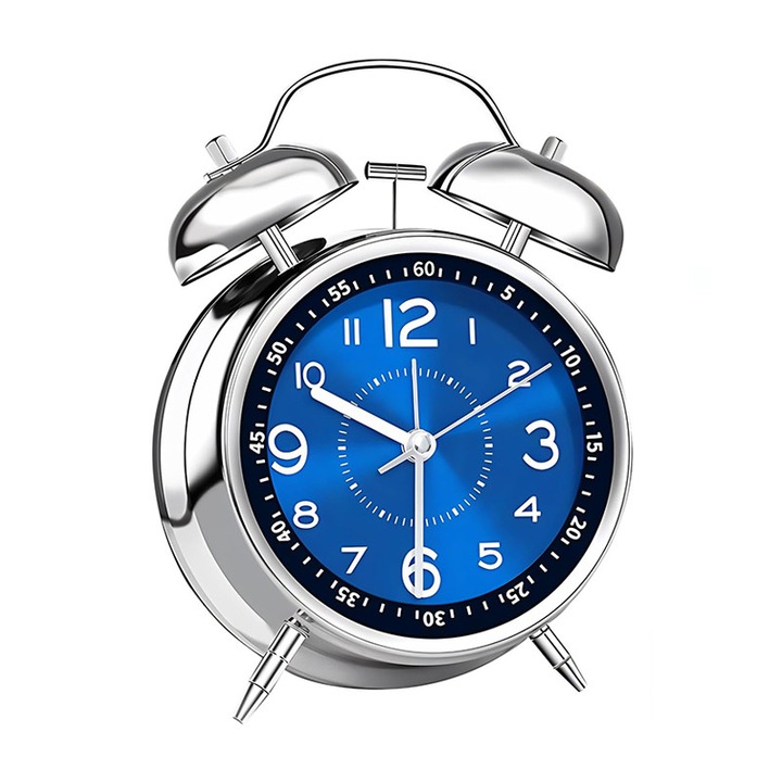 Ceas de masa desteptator cu lumina de noapte, EYUSALL, Design clasic de clopot dublu, afisaj clar, Silentios, carcasa din metal, cu baterie, albastru inchis