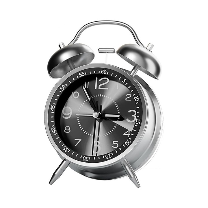 Ceas de masa desteptator cu lumina de noapte, EYUSALL, Design clasic de clopot dublu, afisaj clar, Silentios, carcasa din metal, cu baterie, negru