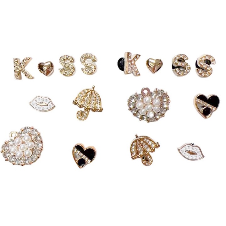 Комплект от 16 аксесоара Jibbitz за Crocs, бляскав стил с кристали, дизайн KISS, сърца, устни и чадър, ABS материал, лесни за сглобяване