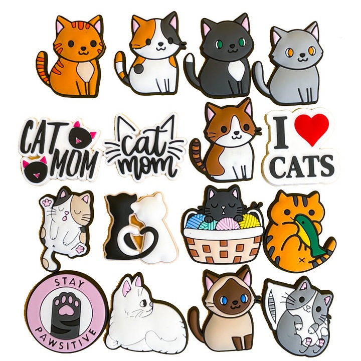 16 db-os Jibbitz-kiegészítő készlet Crocs klumpákhoz, Macska téma, Macskamama modell, I ❤️ CATS, Halak, Színes ékszerek, Többszínű, PVC jibbitx