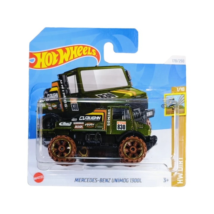 Masinuta Hot Wheels Mercedes Benz Unimog 1300L, verde, 1:64 - Model 2024