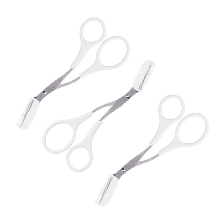 Set 3 piese pentru stilizare sprancene, foarfeca cu pieptene integrat, alb