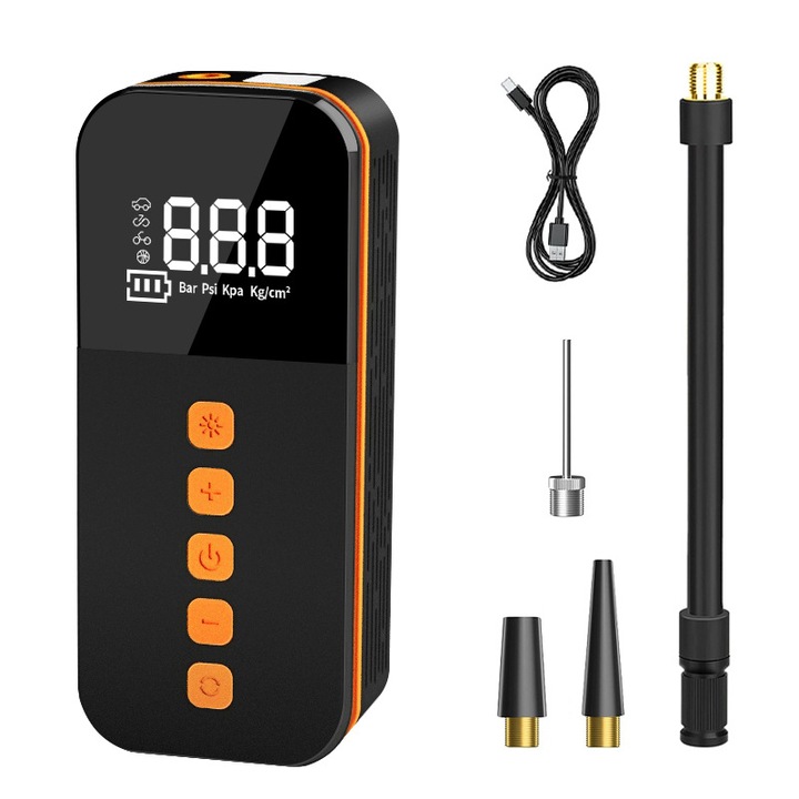 Уред за помпане на гуми, JESWO®, 3000mAh, С цифров LCD манометър, ABS, Черен