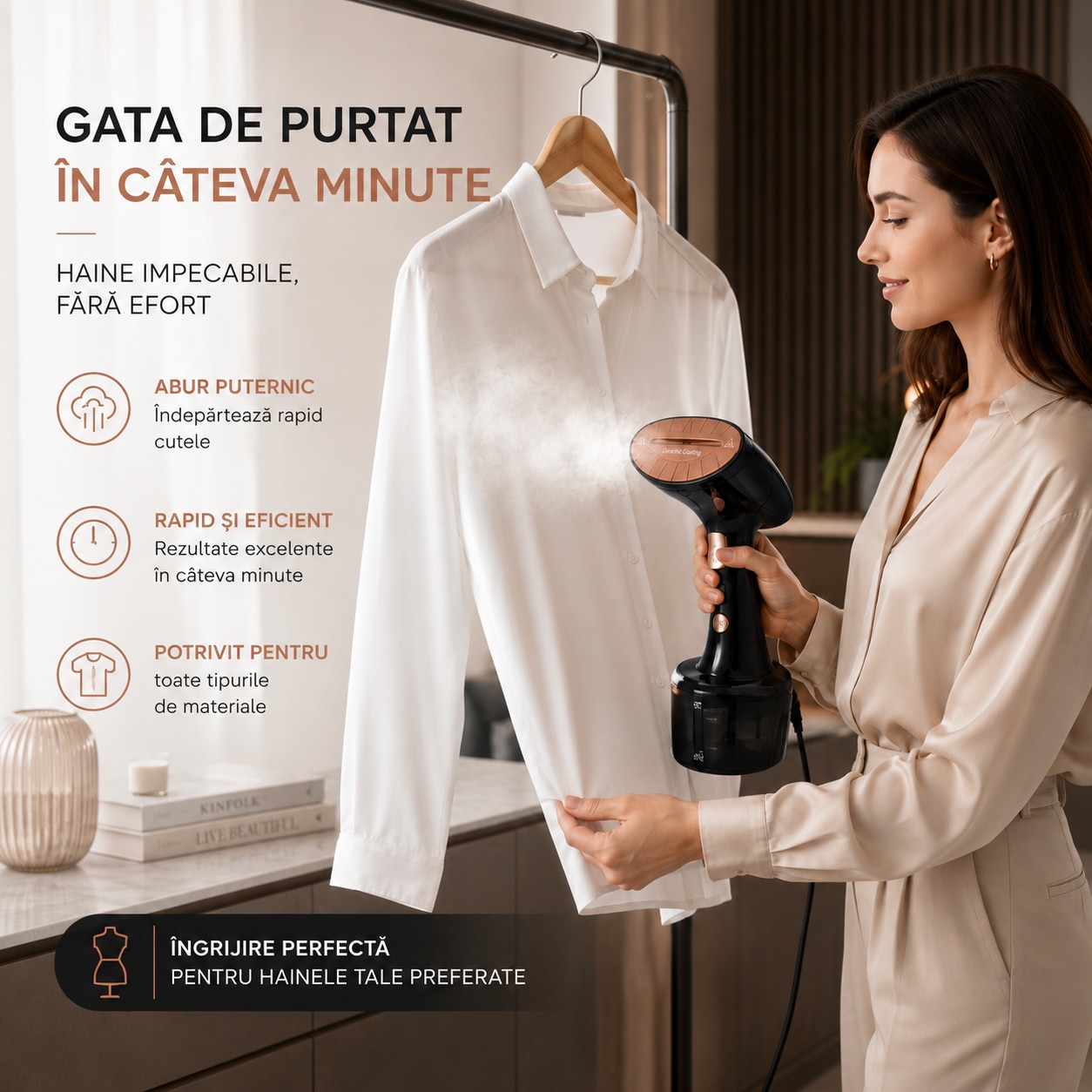 Aparat de calcat vertical si orizontal portabil cu abur Zenkabeat V2-Pro, Fier de Calcat cu putere 1600W, rezervor 300ml, Functie Anti Calcar si Auto Curatare, 2 niveluri de putere, auto oprire, talpa ceramica, Negru