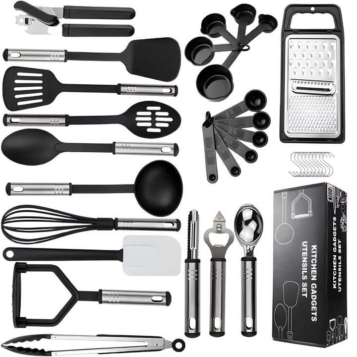 Комплект от 25 кухненски прибора, BYONDSELF, силикон, поставка от неръждаема стомана, незалепващи, с куки, черно