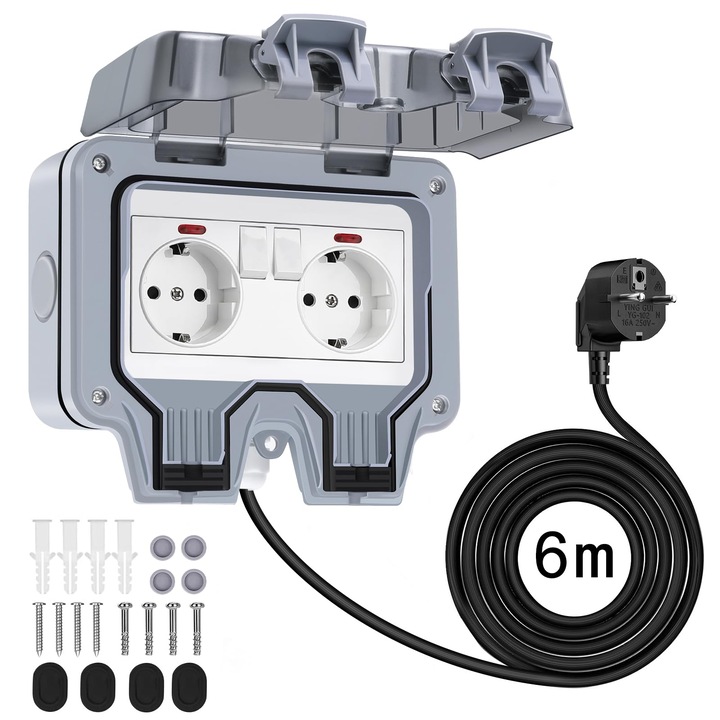 Водоустойчив външен контакт с независим превключвател и гнездо за осветление на дисплея, IP66 водоустойчив контакт и гнездо за мокро помещение, защита от контакт повърхностен монтаж-6M, WALALLA
