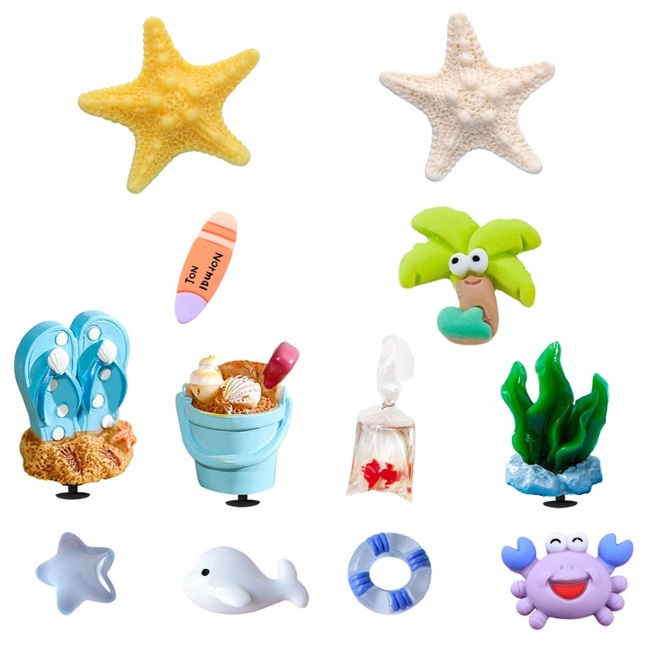 Комплект от 12 аксесоара Jibbitz за Crocs, 3D плажен стил, морски и ваканционни елементи, материал смола, удобен и цветен дизайн