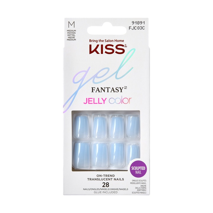 Unghii artificiale Kiss Gel Fantasy FJC03C, lungime M, culoare albastru deschis, set complet profesional pentru manichiura rapida acasa cu lipici gel rezistent, pila si betisor, oferind unghii impecabile, stilate si durabile fara deteriorar