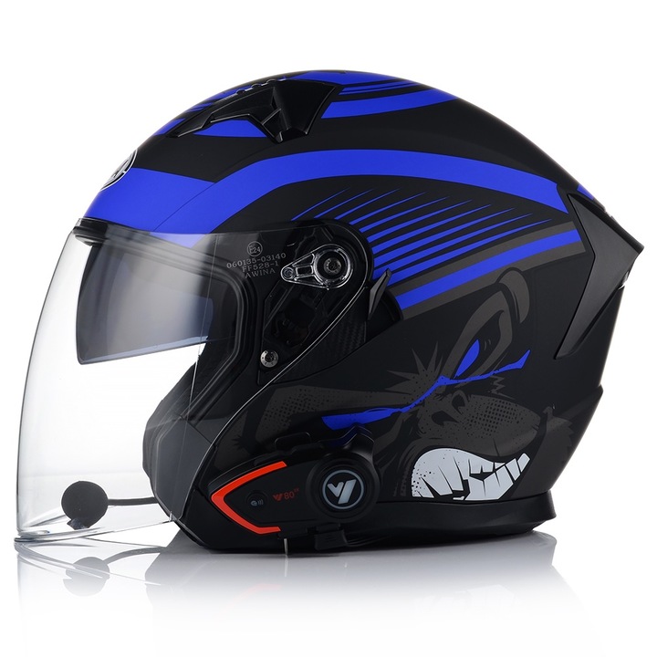 Мотоциклетна каска с вградени очила, AWINA, JK528, Черна, Комуникационна система, ECE 22.06, S 55-56 см