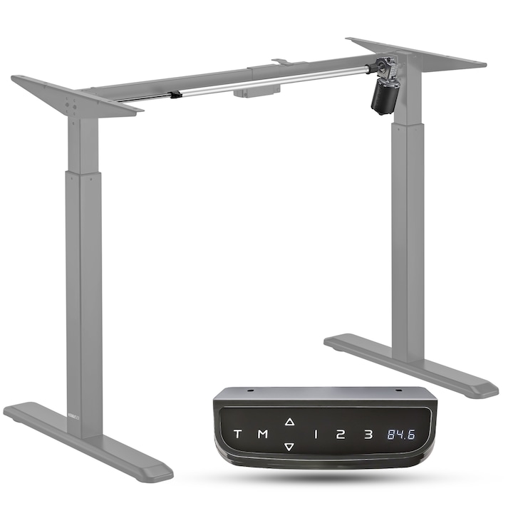 Cadru birou reglabil electric StableDesk, 1 motor, Pana la 80 kg, Touchscreen, Ergonomic, Pentru Office, Gaming, 3 Functii de Memorie, Sistem Anti-Coliziune, Timer, Inaltime 71-119 cm, Kit Suruburi Instalare Blat - Gri mat