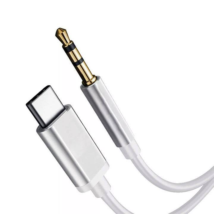 Cablu Audio Type-C la Jack 3.5mm, Hi-Fi, OPTIM SOLUTION, Aliaj de Aluminiu, compatibil cu Samsung, Xiaomi, Huawei, Compact si Rezistent, Clear Sound, Alb