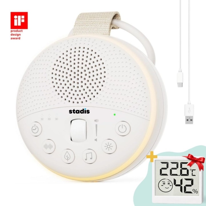 Dispozitiv Sunete Albe STADIS™ Pro S3, Portabil, 21 Sunete HQ, pentru Bebelusi, Copii si Adulti, Baterie 1200mAh, Lumina de Veghe, Temporizator, Somn Linistitor, White Noise Machine, Cablu USB-C, Inel de Prindere, HigroTermometru inclus, Alb