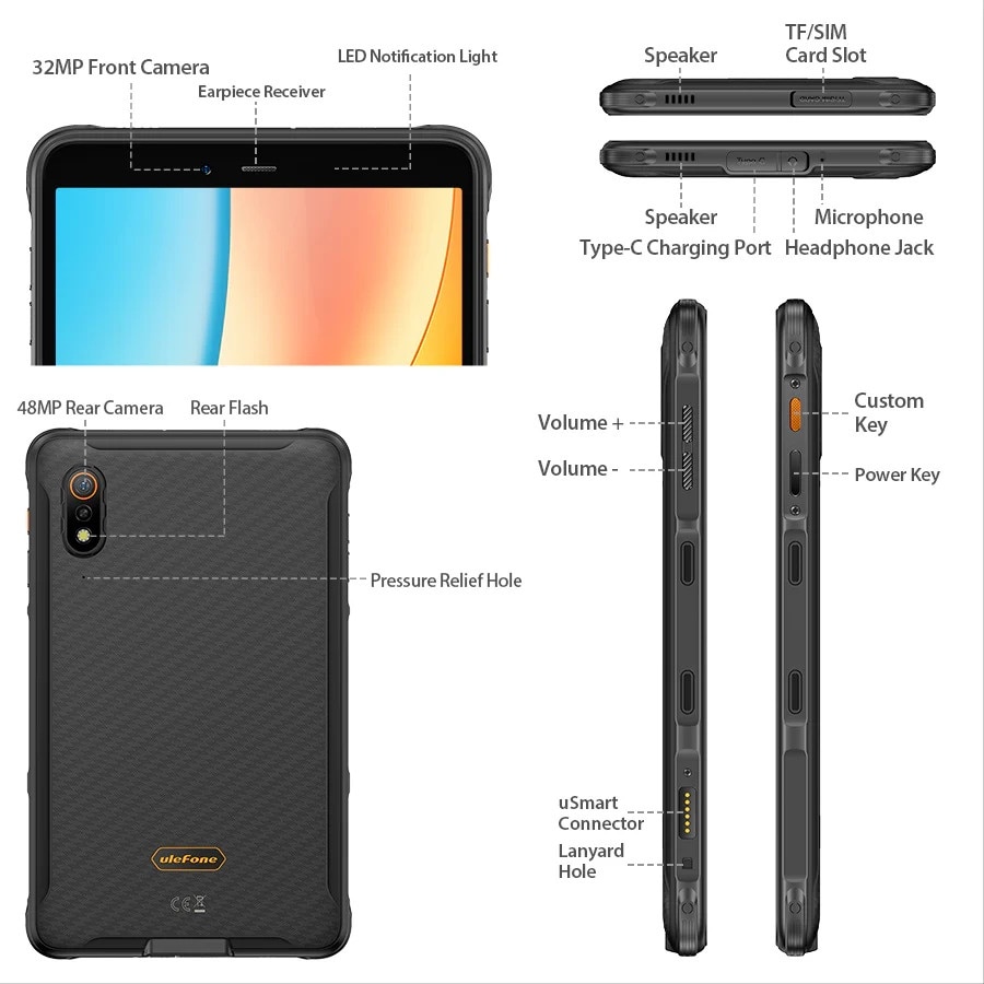 Tableta Ulefone Armor Pad Pro Negru, 4G, IPS, 8.0″, 16GB RAM (8GB + 8GB extensibili), 128GB ROM, Android 13, MediaTek MT8788, 7650mAh, Dual SIM
