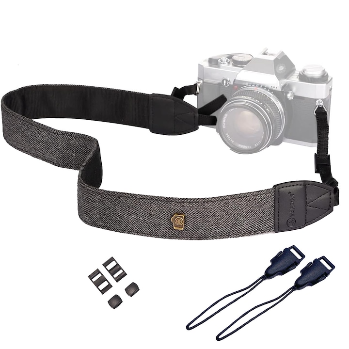 Fényképezőgép váll/nyakpánt Canon, Nikon, Sony, Fuji, SINBITA, 2 csattal, Vintage, Könnyen felszerelhető, Univerzális, Csúszásgátló, Állítható, Ergonomikus kialakítás, Pamut/PU bőr, 70 x 3,5 cm, Fekete