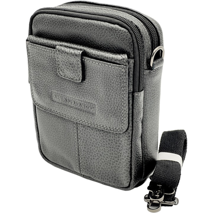Borseta Barbati Gri Inchis din Piele Naturala, Prindere la Curea, Bretele de Umar Detasabile, 14x19x6 cm, Micutz®
