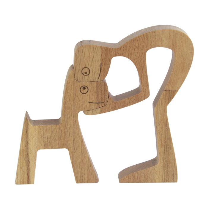 Figurina decorativa din lemn de fag baiat si catel, 13x12 cm