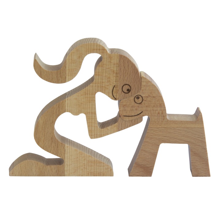 Figurina decorativa din lemn de fag fata si catel, 16x11 cm