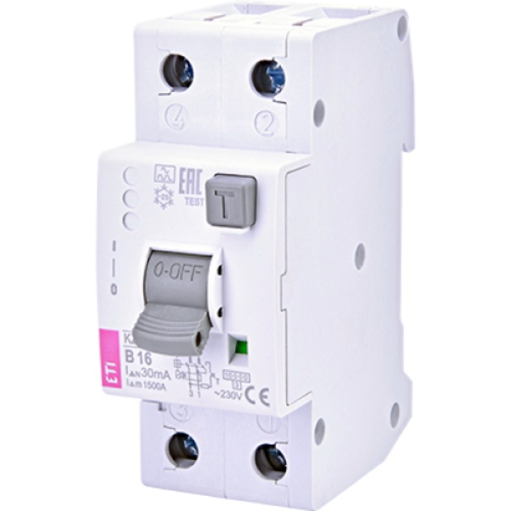 Диференциален прекъсвач с RCBO, 2P, 25A, 30mA, 10kA, крива B, тип A, KZS, 002172507, ETI