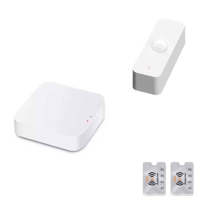 Пакет Smart Home Hub със сензор за движение ZigBee, разпознаване на удар, движение, приложения Tuya, SmartLife, Alexa и Google Assistant, бял с 2 Rfid защити, UnderShop
