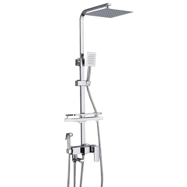 Zuhanyoszlop zuhany vagy kád csapteleppel és kézi zuhannyal, rozsdamentes acél és sárgaréz, zuhanyfej 25x25 cm, mobil zuhanyfej, króm Rain Drop de la Robinetul Meu