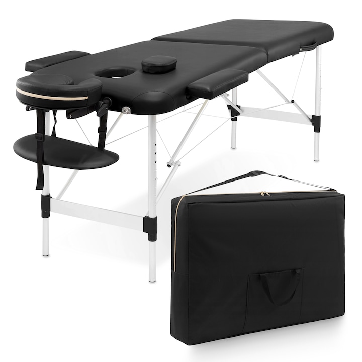 Masa de masaj, 4FIZJO, stabila, cu tetiera, pentru reabilitare, portabila, usor de transportat, confortabil de utilizat, husa transport, Inaltime reglabila 55-76 cm, maxim 250 kg, dimensiuni 185 x 70 cm, Aluminiu/Lemn/Piele ecologica, Negru