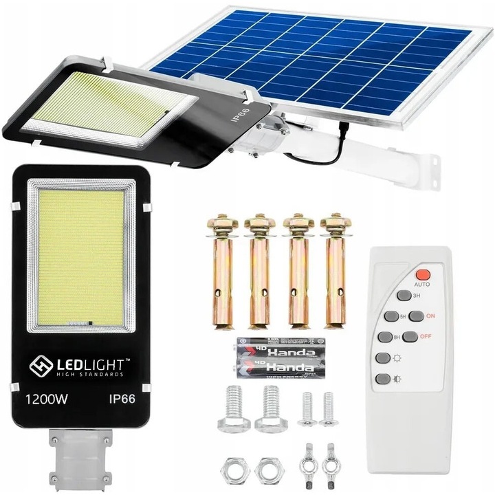 Соларна лампа, мощност 1200 W, 800 LED, опора за стена, стълб, напълно устойчива на атмосферни явления (IP66 защита), включено дистанционно управление, черно, Dactylion®