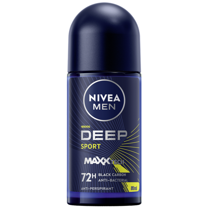 Deodorant roll-on Nivea Men Deep Sport, cu formula Maxxtech si actiune 72 ore, 50 ml