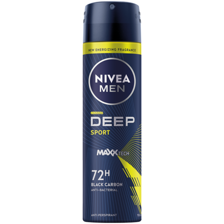 Deodorant spray Nivea Men Deep Sport, cu formula Maxxtech si actiune 72 ore, 150 ml