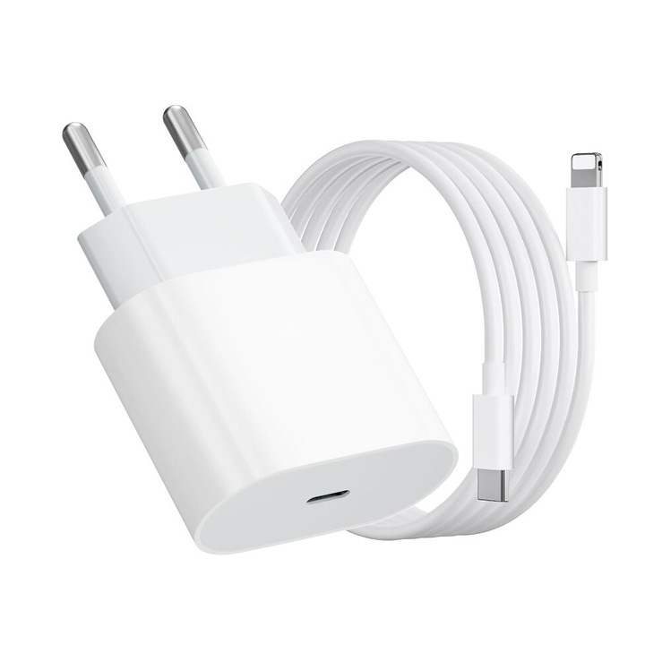 Töltő, villámcsatlakozó, HAPPY JOKER, Apple sorozat Kompatibilis, 20 W, iPhone 14, 13, 12, 11, 8, 7, 6, 5, USB Type-C bemenet, Lightning kimenet, 1 m-es kábel, kompatibilis iPhone és iPad készülékekkel, fehér