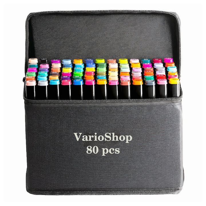 Комплект от 80 двойни маркера VarioShop®, интензивни цветове, 2 тънки и дебели края, чанта за съхранение, мастило на алкохолна основа, двоен връх, многоцветен