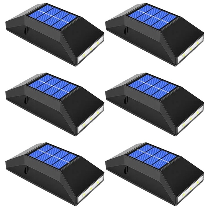 6 db dekoratív kültéri lámpa készlet napelemes töltéssel MOST, falra/kerítésre/lépcsőre, fényérzékelő, 6 db LED fel és le, meleg fény, vízálló, fekete