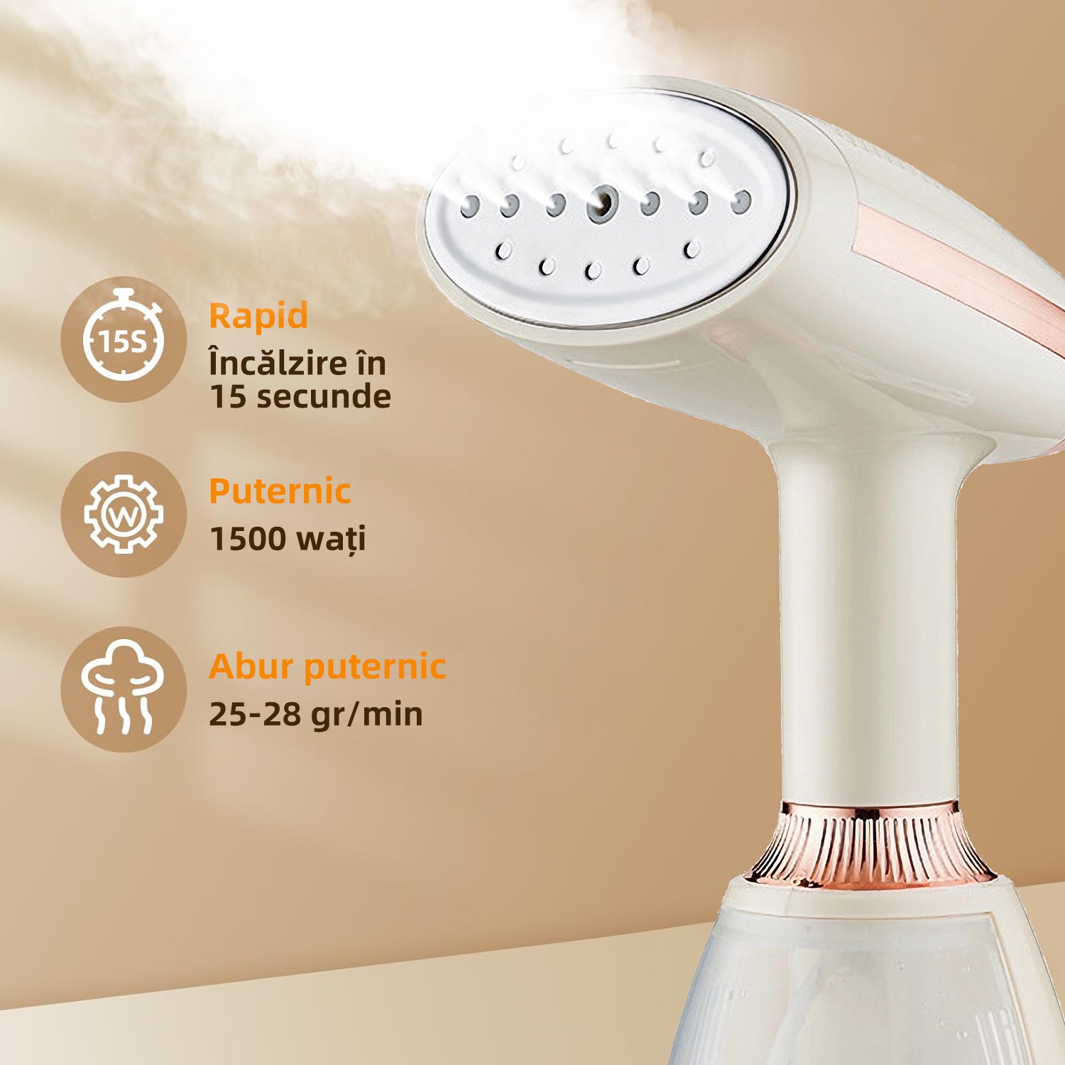 Aparat de calcat vertical portabil, Qtenzivize, 1500 W, Vaporizator rapid in 15S, 3 nivele de abur, Rezervor de apa detasabil 280 ml, Abur 25-28g/min, Panou din otel inoxidabil marit, Galben pal