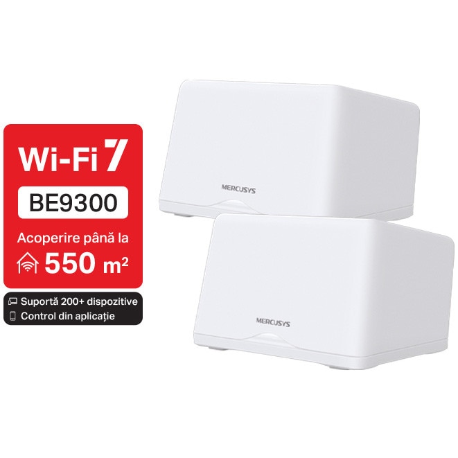 Sistem Mesh Wi-Fi Mercusys Halo H47BE(2-pack), BE9300, Tri-Band, Wi-Fi 7, MLO, Seamless Roaming, 3 porturi 2.5G, acoperire pentru intreaga casa