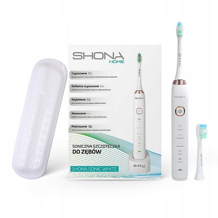 Set Periuta De Dinti Sonica Cu Husa Si Varfuri, Shona, Sonic White, Rezistent La Apa (Ipx7), Pana La 80.000 De Vibratii Sonice Pe Minut, Baterie 800 Mah, Timp De Utilizare Pana La 40 De Zile, Negru