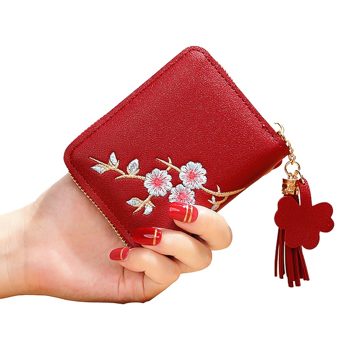 Дамски портфейл, AMRINUGL, червен, лачена кожа, флорална бродерия, 11 x 3 x 9 cm