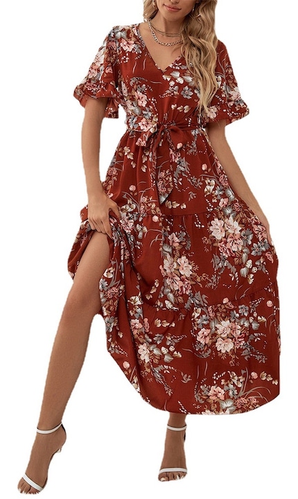 Дамска рокля, QttvbTna, Шифон, Тъмночервена, Тъмночервен