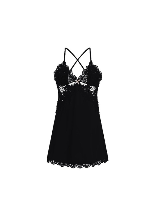 Jormftte fehérnemű szett, szatén hálóing, V-nyakú, csipkés, fekete, Fekete, XL