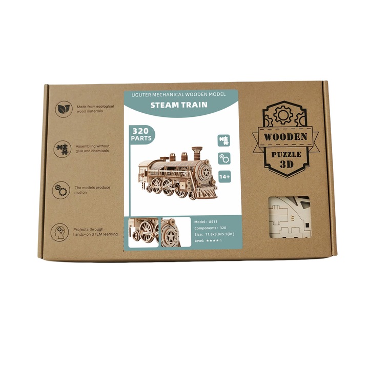 DIY Tren cu aburi din lemn 3D Puzzle Asamblare Model de miscare mecanica